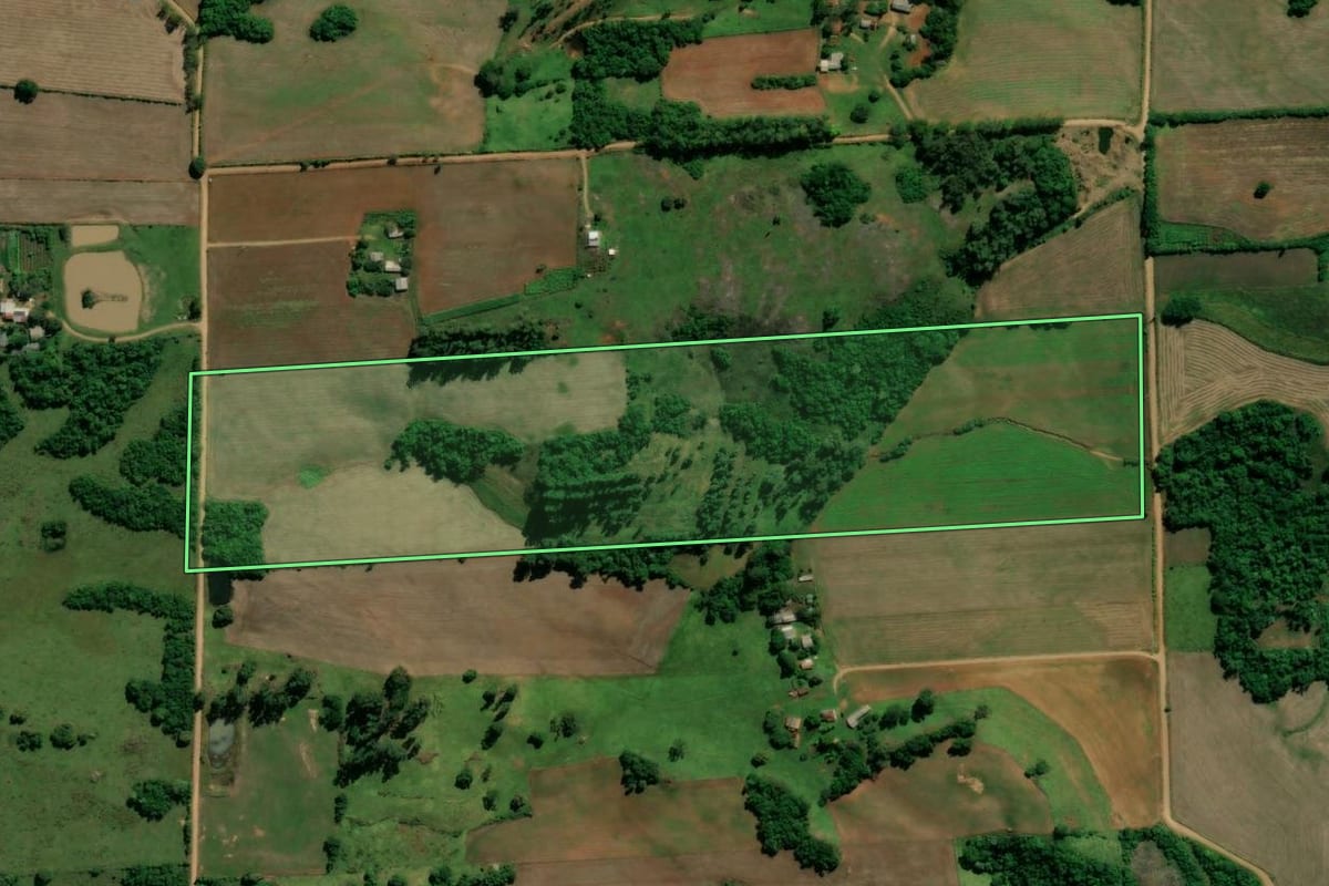 Imagem de satélite do imóvel rural em Nova Esperança do Sul (RS), com o contorno declarado no CAR desenhado por cima.