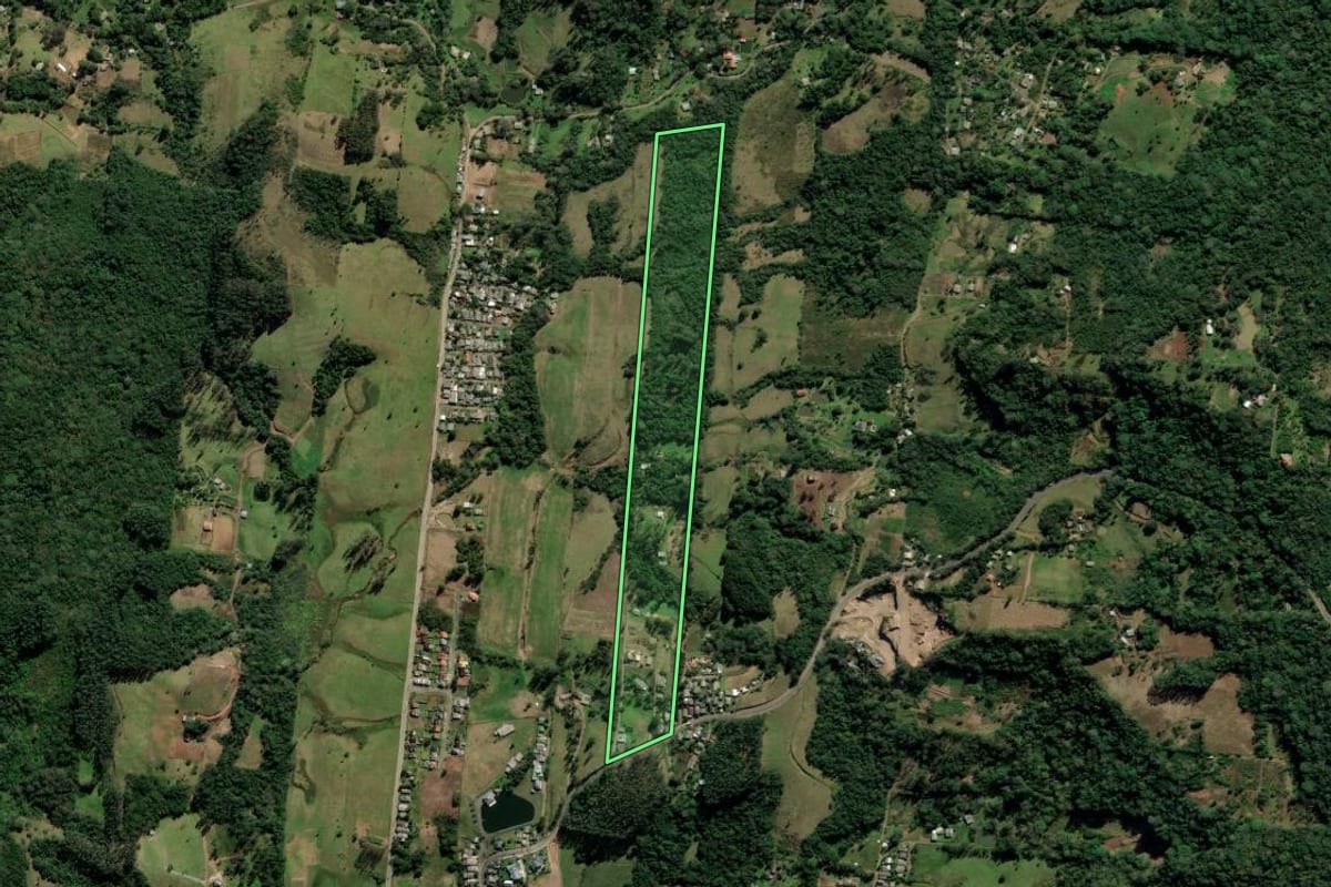 Imagem de satélite do imóvel rural em Nova Hartz (RS), com o contorno declarado no CAR desenhado por cima.