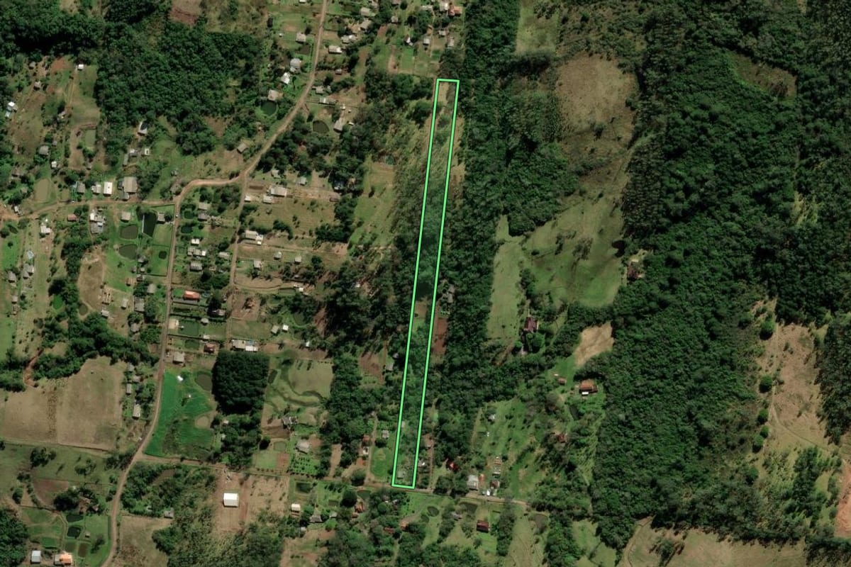 Imagem de satélite do imóvel rural em Nova Hartz (RS), com o contorno declarado no CAR desenhado por cima.