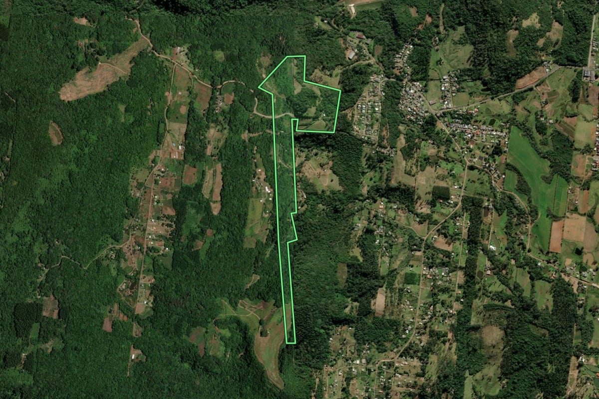 Imagem de satélite do imóvel rural em Nova Hartz (RS), com o contorno declarado no CAR desenhado por cima.