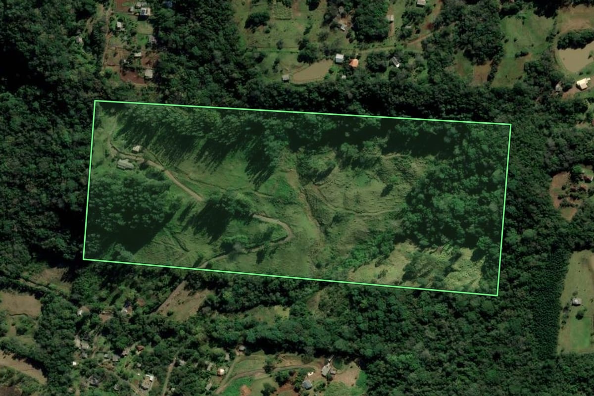 Imagem de satélite do imóvel rural em Nova Hartz (RS), com o contorno declarado no CAR desenhado por cima.