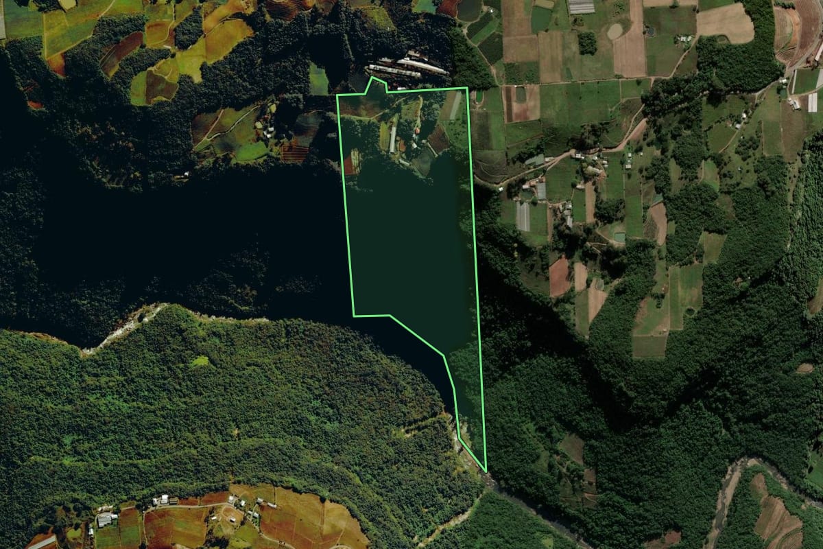 Imagem de satélite do imóvel rural em Nova Pádua (RS), com o contorno declarado no CAR desenhado por cima.