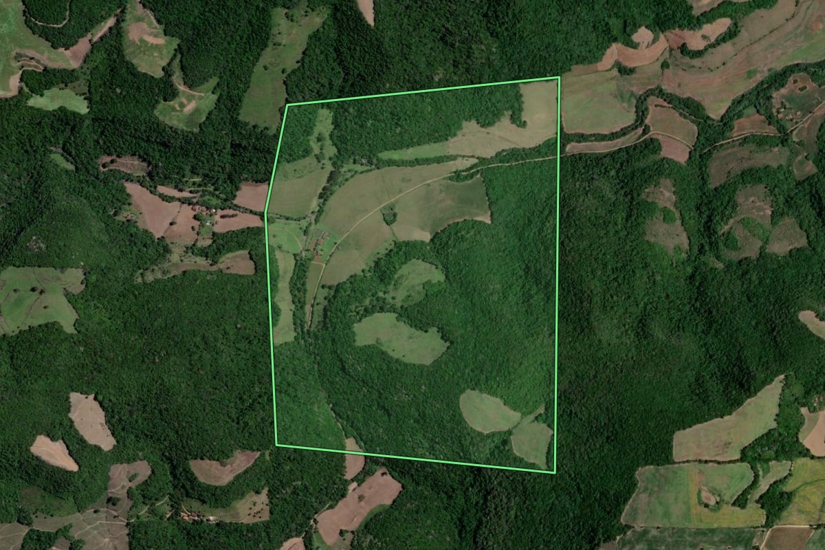 Imagem de satélite do imóvel rural em Nova Palma (RS), com o contorno declarado no CAR desenhado por cima.