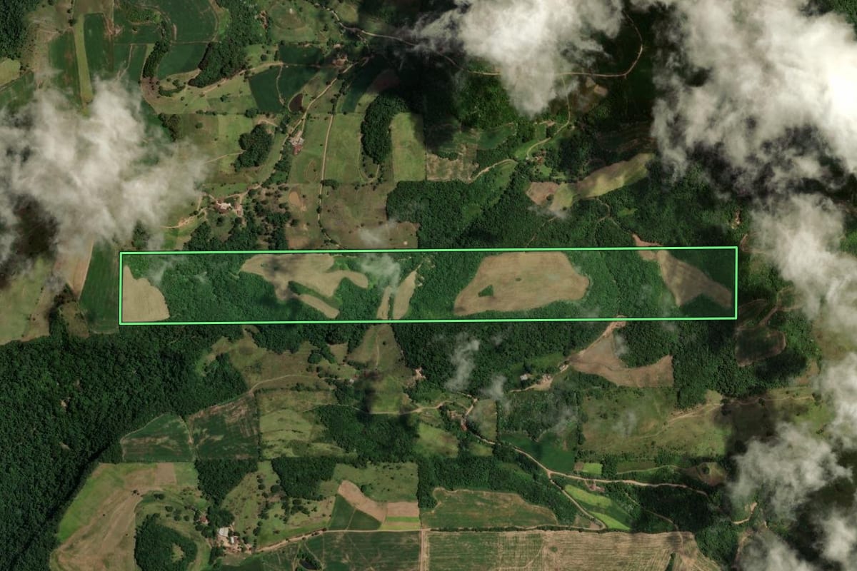 Imagem de satélite do imóvel rural em Nova Palma (RS), com o contorno declarado no CAR desenhado por cima.