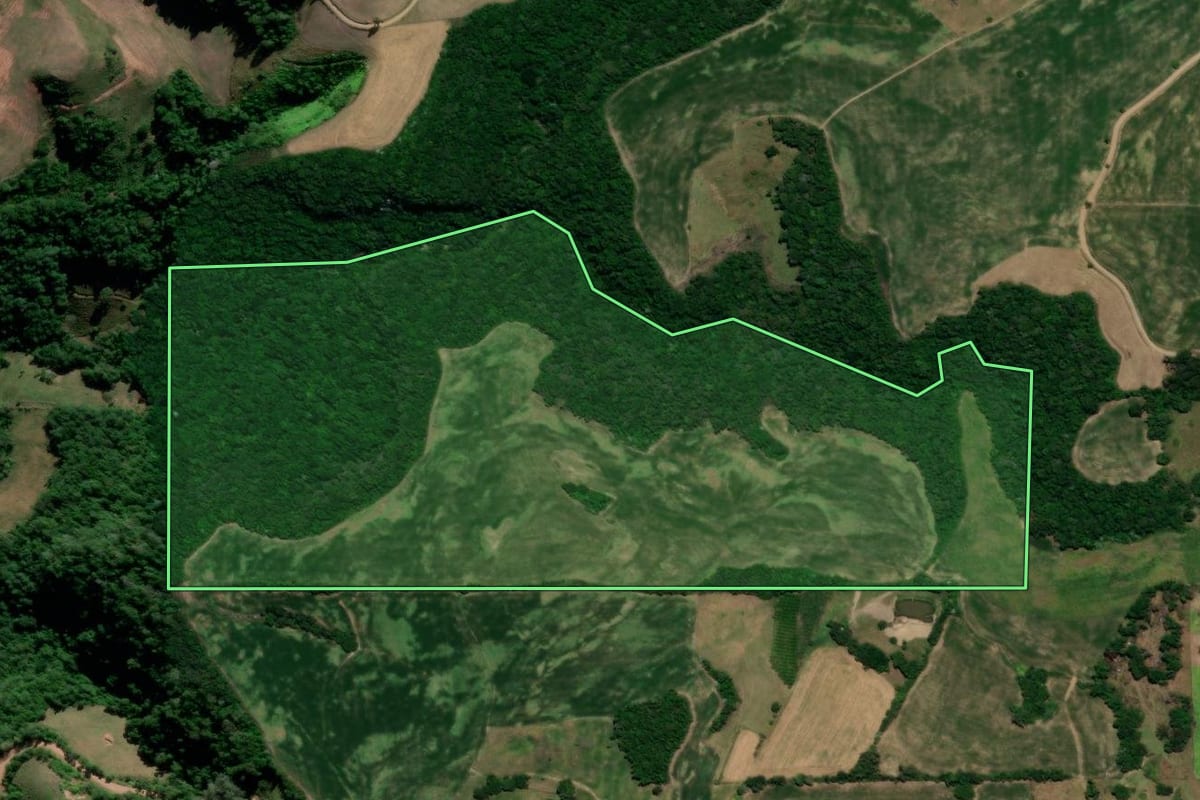 Imagem de satélite do imóvel rural em Nova Palma (RS), com o contorno declarado no CAR desenhado por cima.