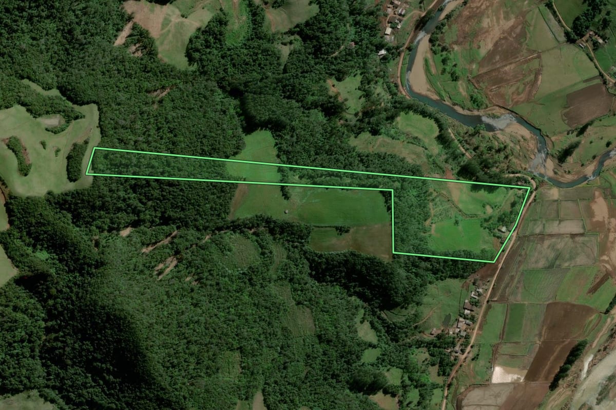 Imagem de satélite do imóvel rural em Nova Palma (RS), com o contorno declarado no CAR desenhado por cima.
