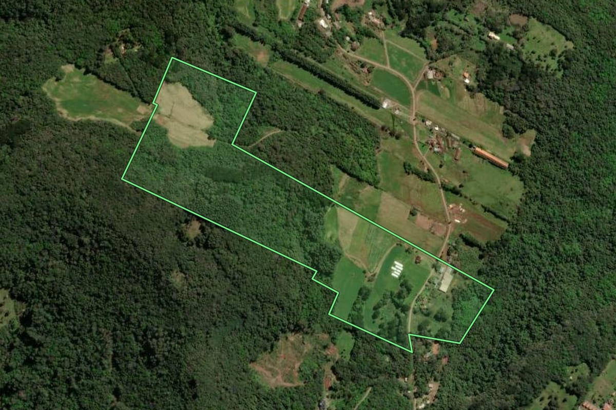 Imagem de satélite do imóvel rural em Nova Petrópolis (RS), com o contorno declarado no CAR desenhado por cima.