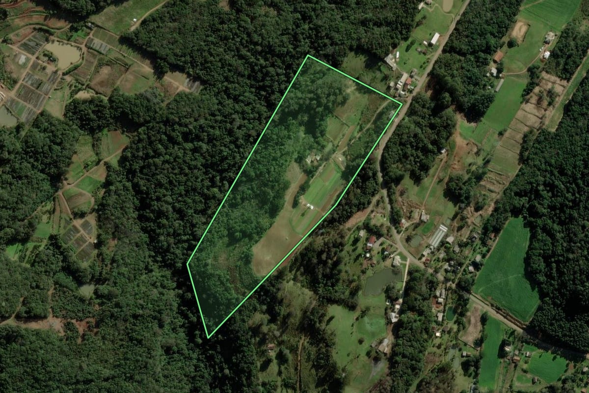 Imagem de satélite do imóvel rural em Nova Petrópolis (RS), com o contorno declarado no CAR desenhado por cima.