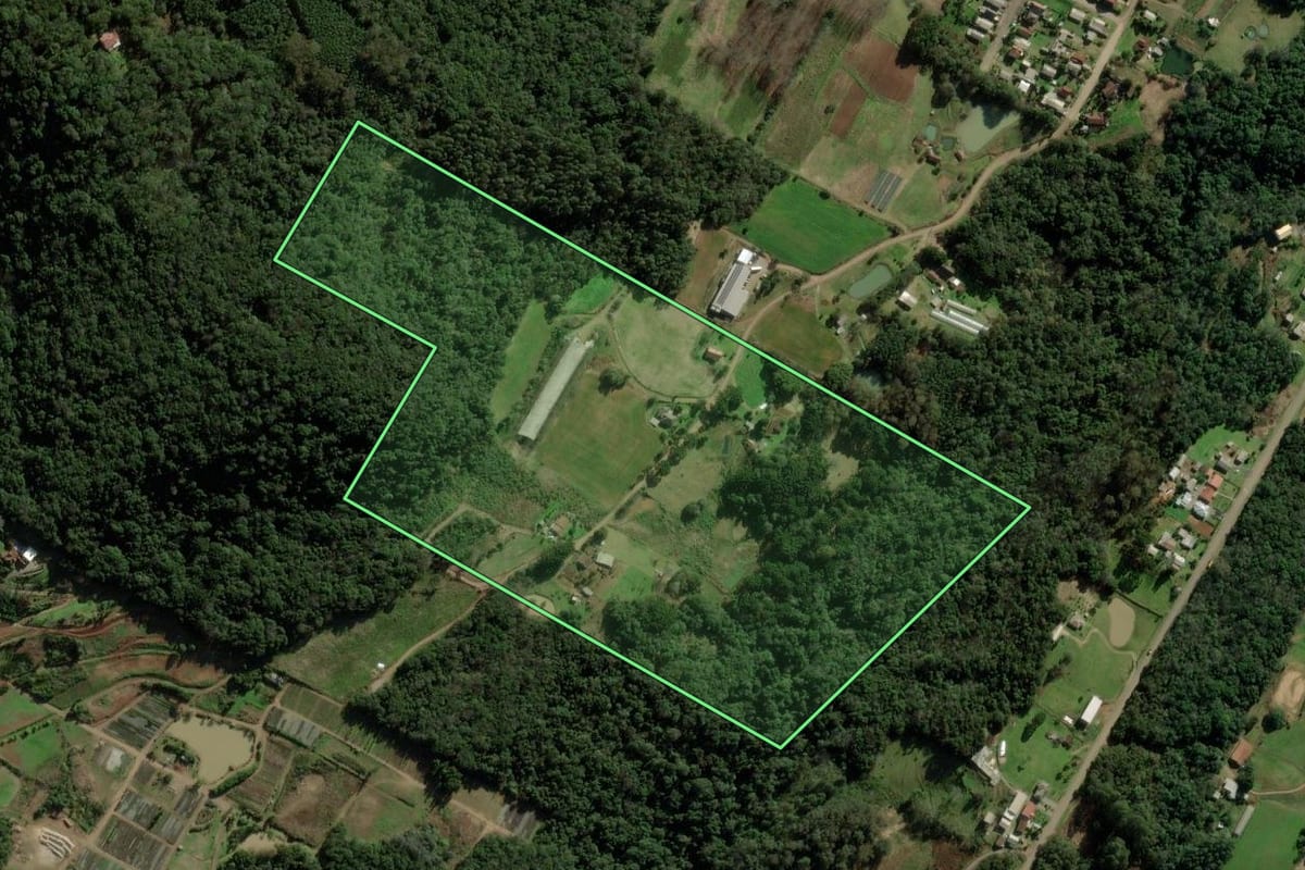 Imagem de satélite do imóvel rural em Nova Petrópolis (RS), com o contorno declarado no CAR desenhado por cima.