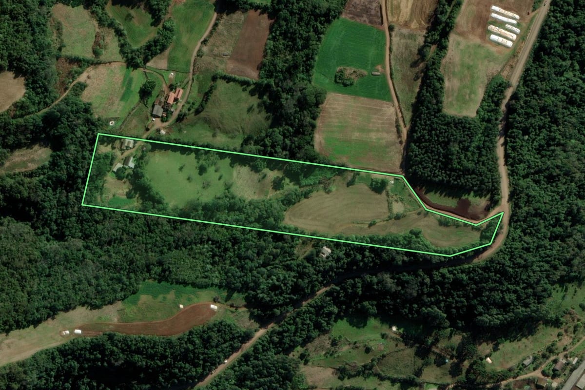 Imagem de satélite do imóvel rural em Nova Petrópolis (RS), com o contorno declarado no CAR desenhado por cima.
