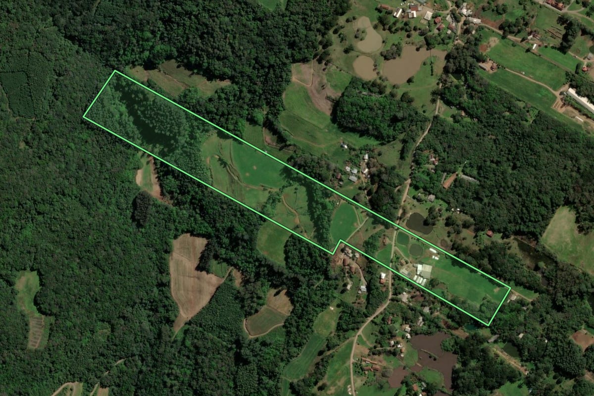 Imagem de satélite do imóvel rural em Nova Petrópolis (RS), com o contorno declarado no CAR desenhado por cima.