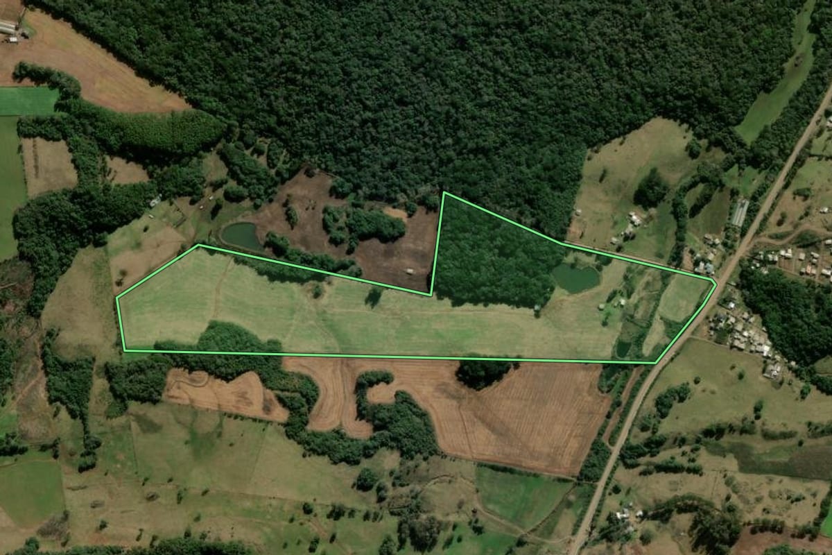 Imagem de satélite do imóvel rural em Nova Prata (RS), com o contorno declarado no CAR desenhado por cima.