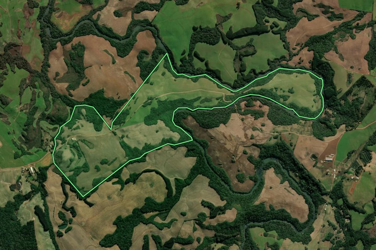 Imagem de satélite do imóvel rural em Nova Prata (RS), com o contorno declarado no CAR desenhado por cima.
