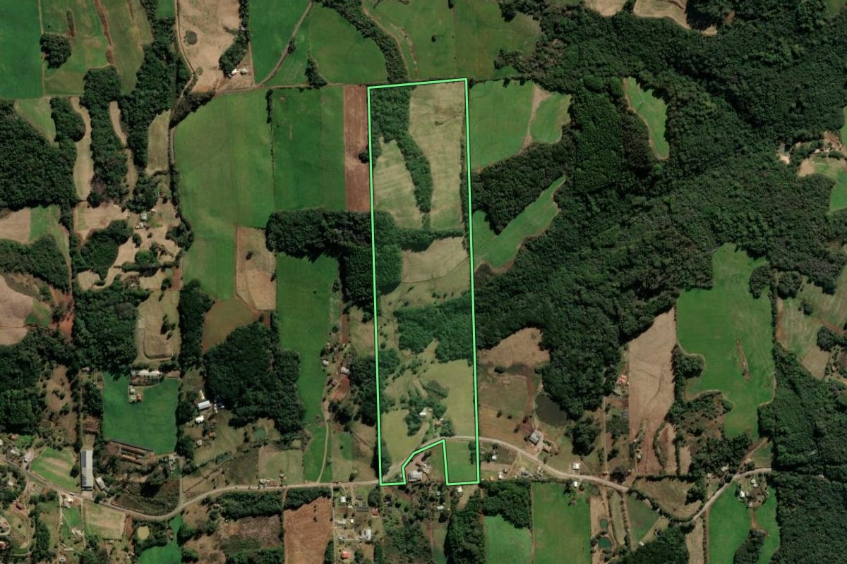 Imagem de satélite do imóvel rural em Nova Prata (RS), com o contorno declarado no CAR desenhado por cima.