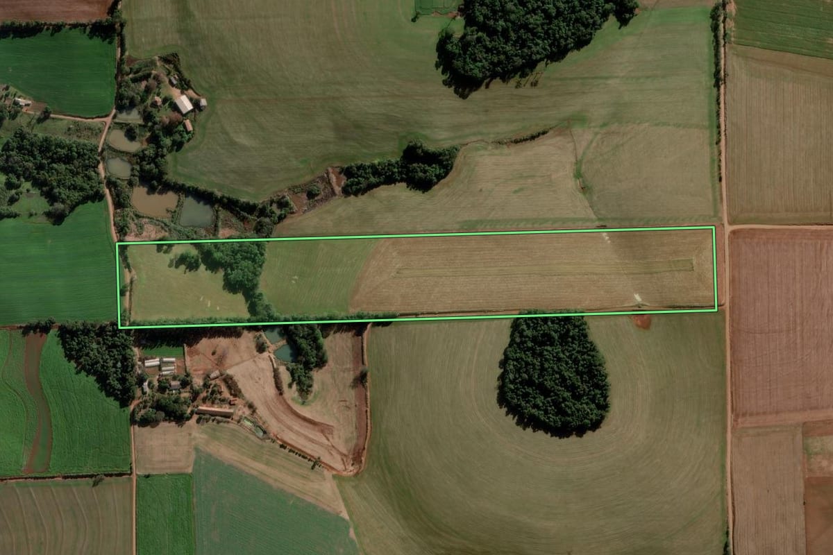 Imagem de satélite do imóvel rural em Nova Ramada (RS), com o contorno declarado no CAR desenhado por cima.