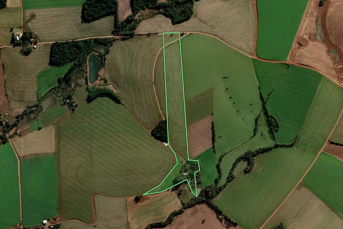 Imagem de satélite do imóvel rural em Nova Ramada (RS), com o contorno declarado no CAR desenhado por cima.