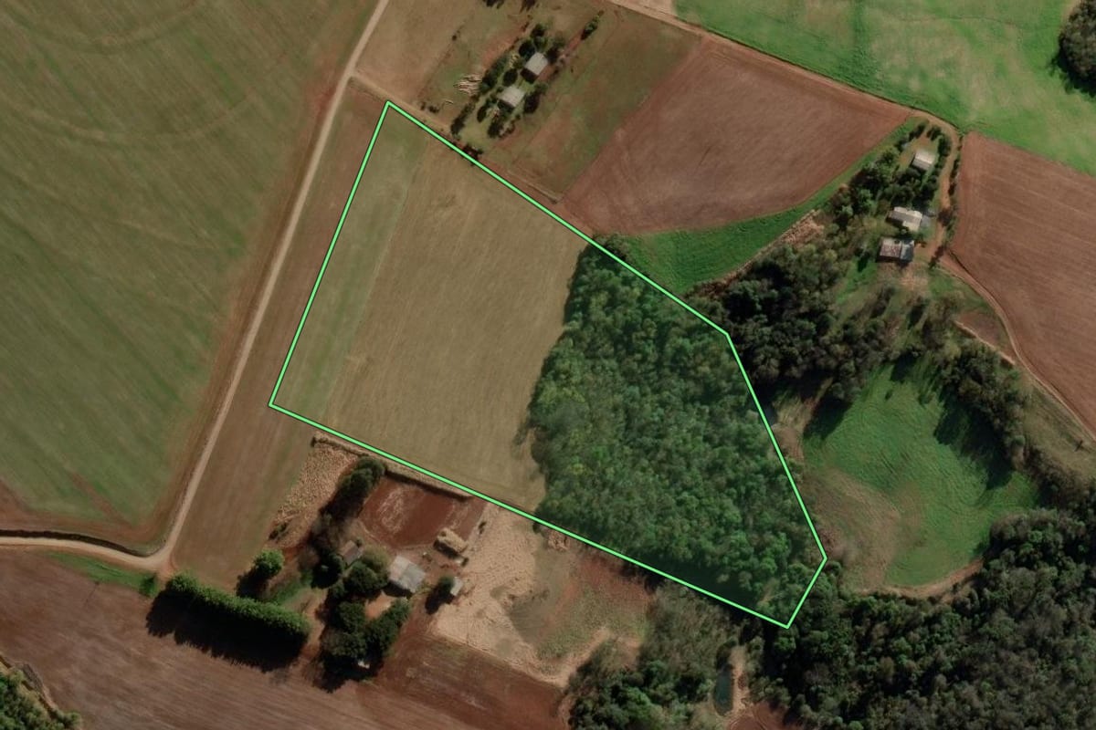 Imagem de satélite do imóvel rural em Nova Ramada (RS), com o contorno declarado no CAR desenhado por cima.