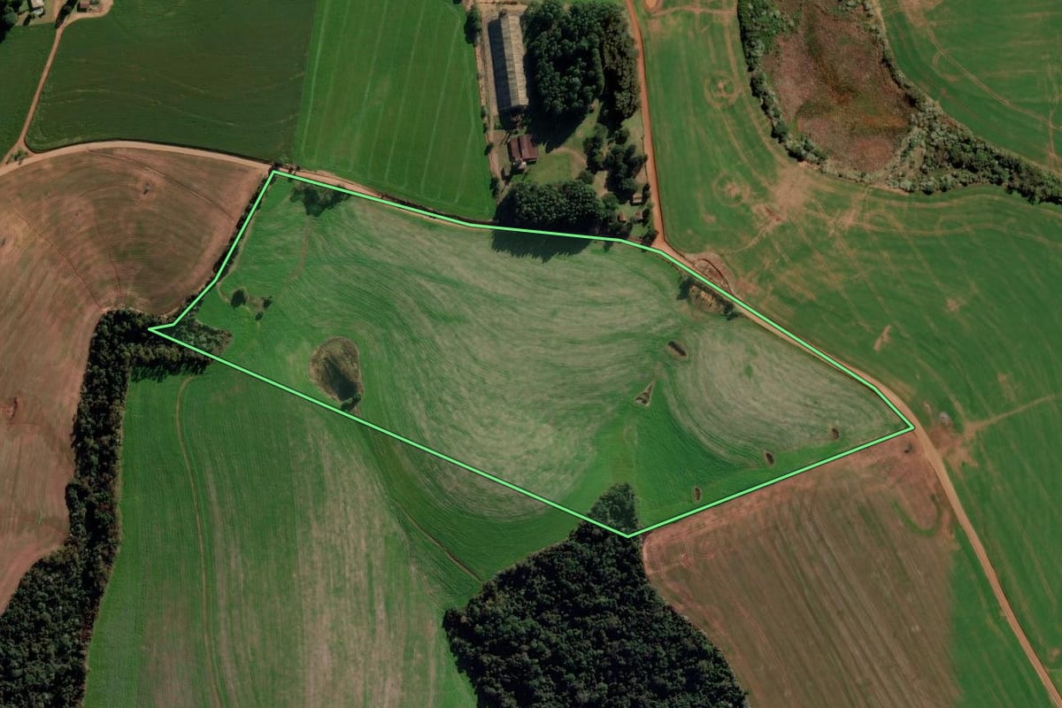 Imagem de satélite do imóvel rural em Nova Ramada (RS), com o contorno declarado no CAR desenhado por cima.