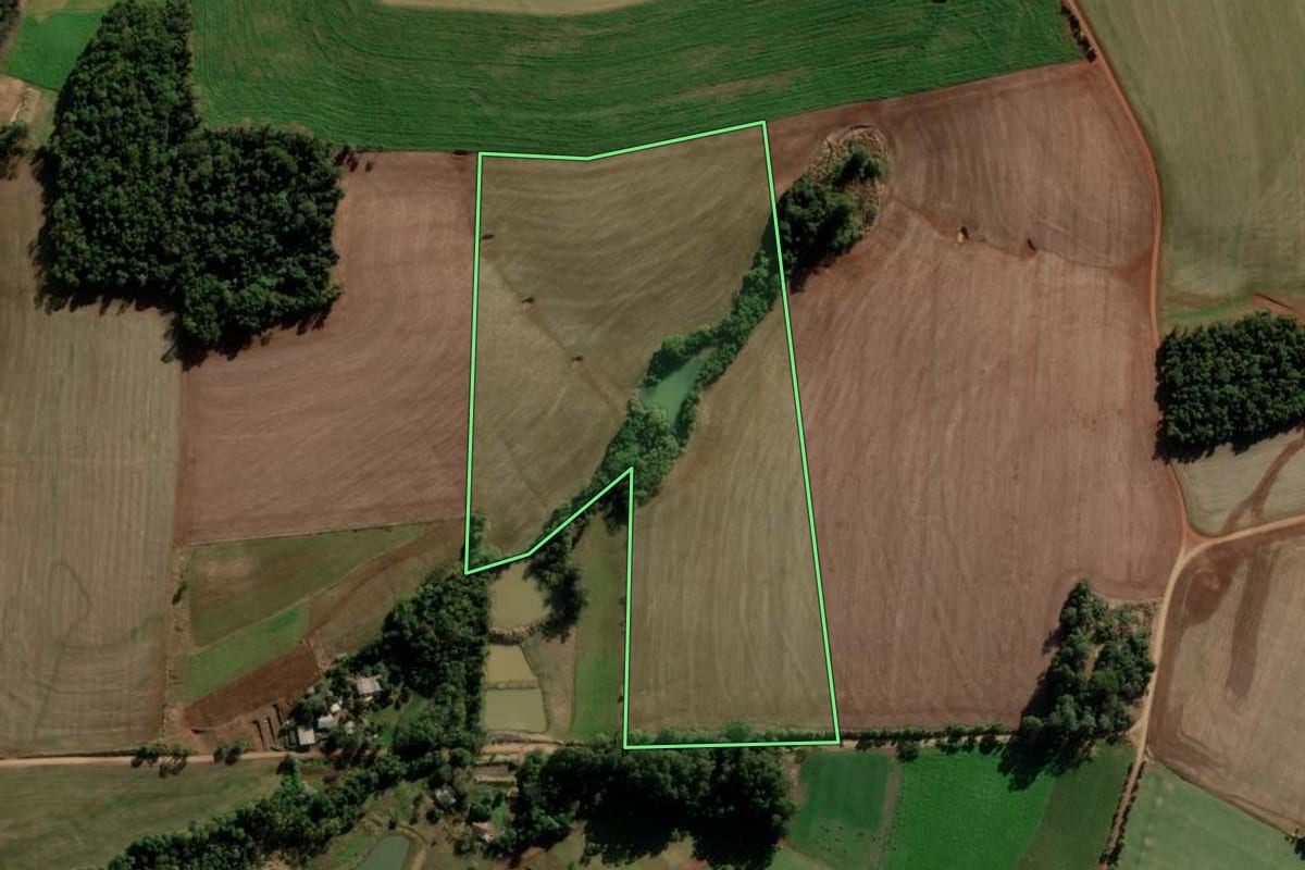 Imagem de satélite do imóvel rural em Nova Ramada (RS), com o contorno declarado no CAR desenhado por cima.