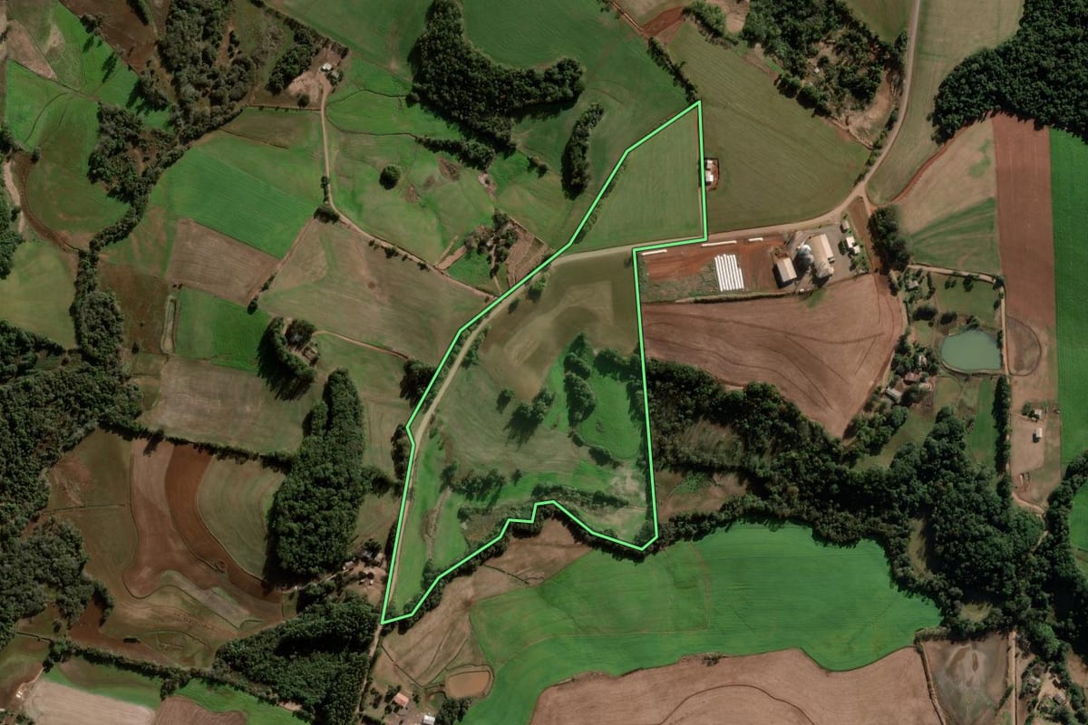 Imagem de satélite do imóvel rural em Nova Ramada (RS), com o contorno declarado no CAR desenhado por cima.