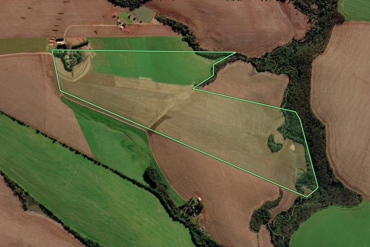 Imagem de satélite do imóvel rural em Nova Ramada (RS), com o contorno declarado no CAR desenhado por cima.