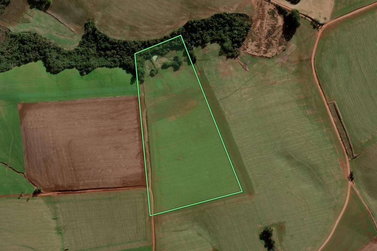 Imagem de satélite do imóvel rural em Nova Ramada (RS), com o contorno declarado no CAR desenhado por cima.