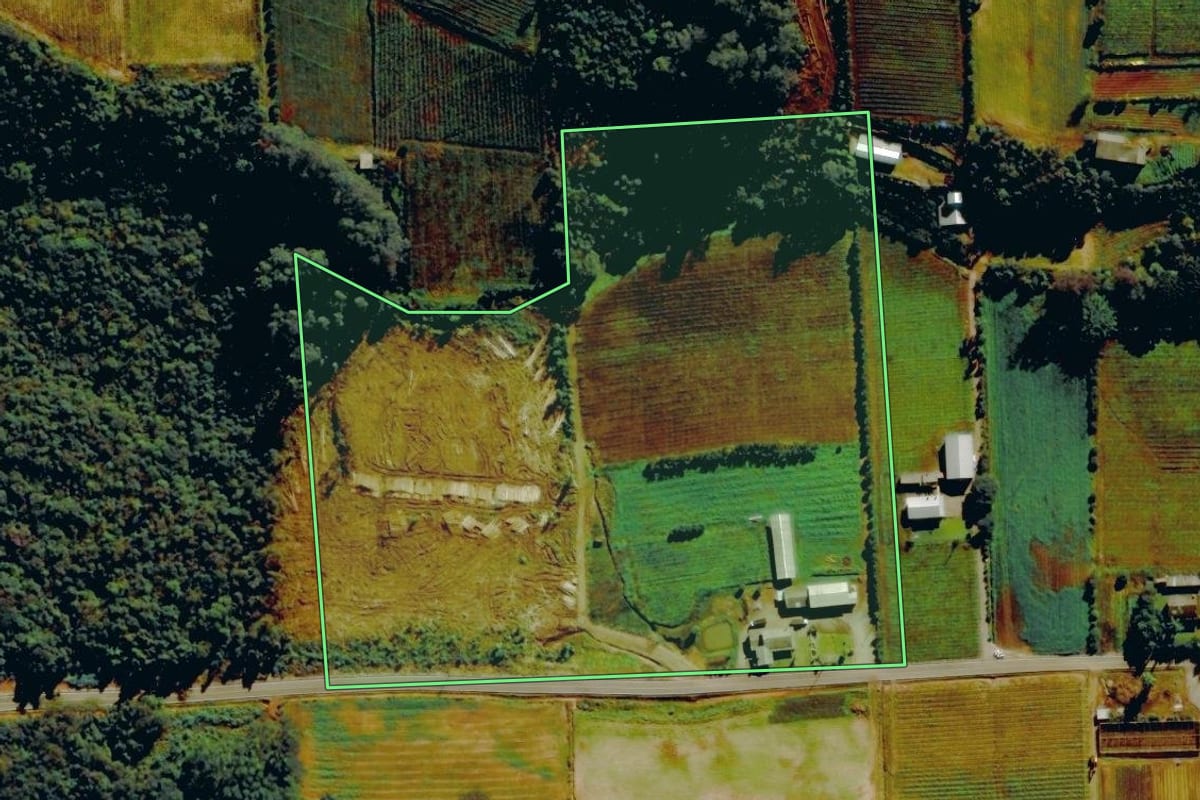 Imagem de satélite do imóvel rural em Nova Roma do Sul (RS), com o contorno declarado no CAR desenhado por cima.