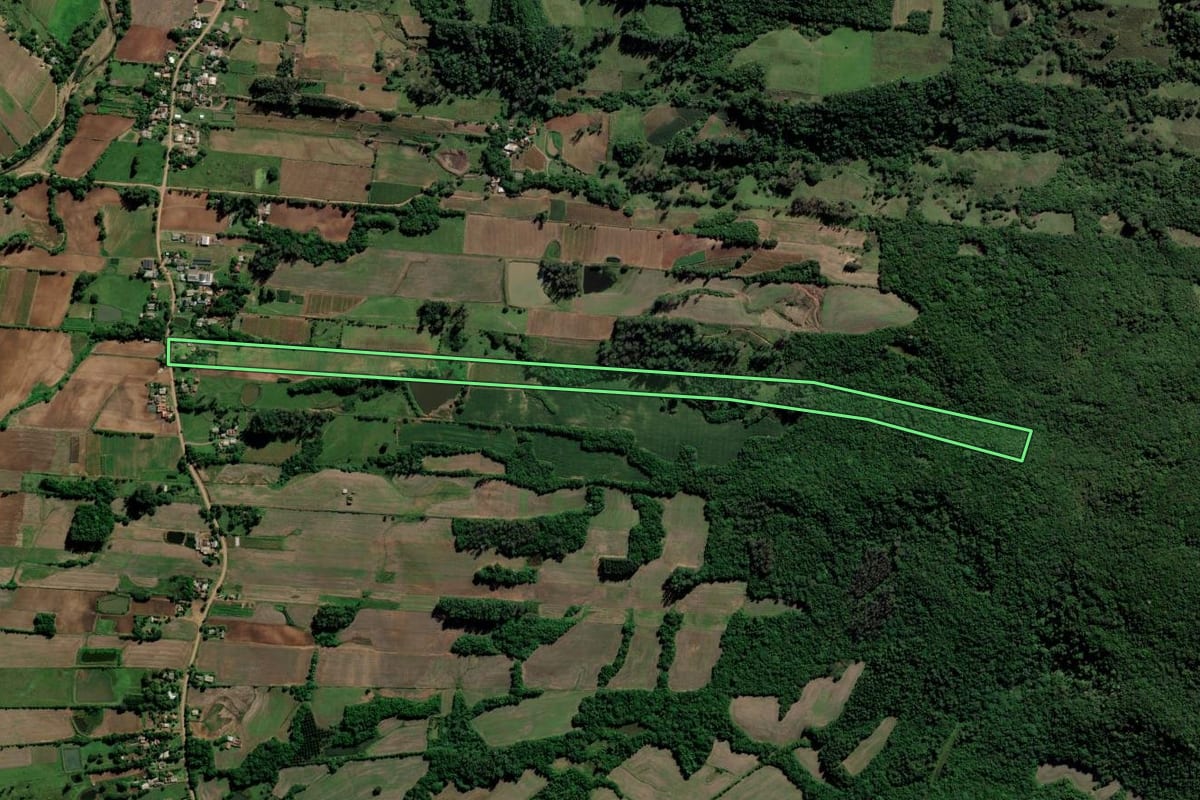 Imagem de satélite do imóvel rural em Novo Cabrais (RS), com o contorno declarado no CAR desenhado por cima.