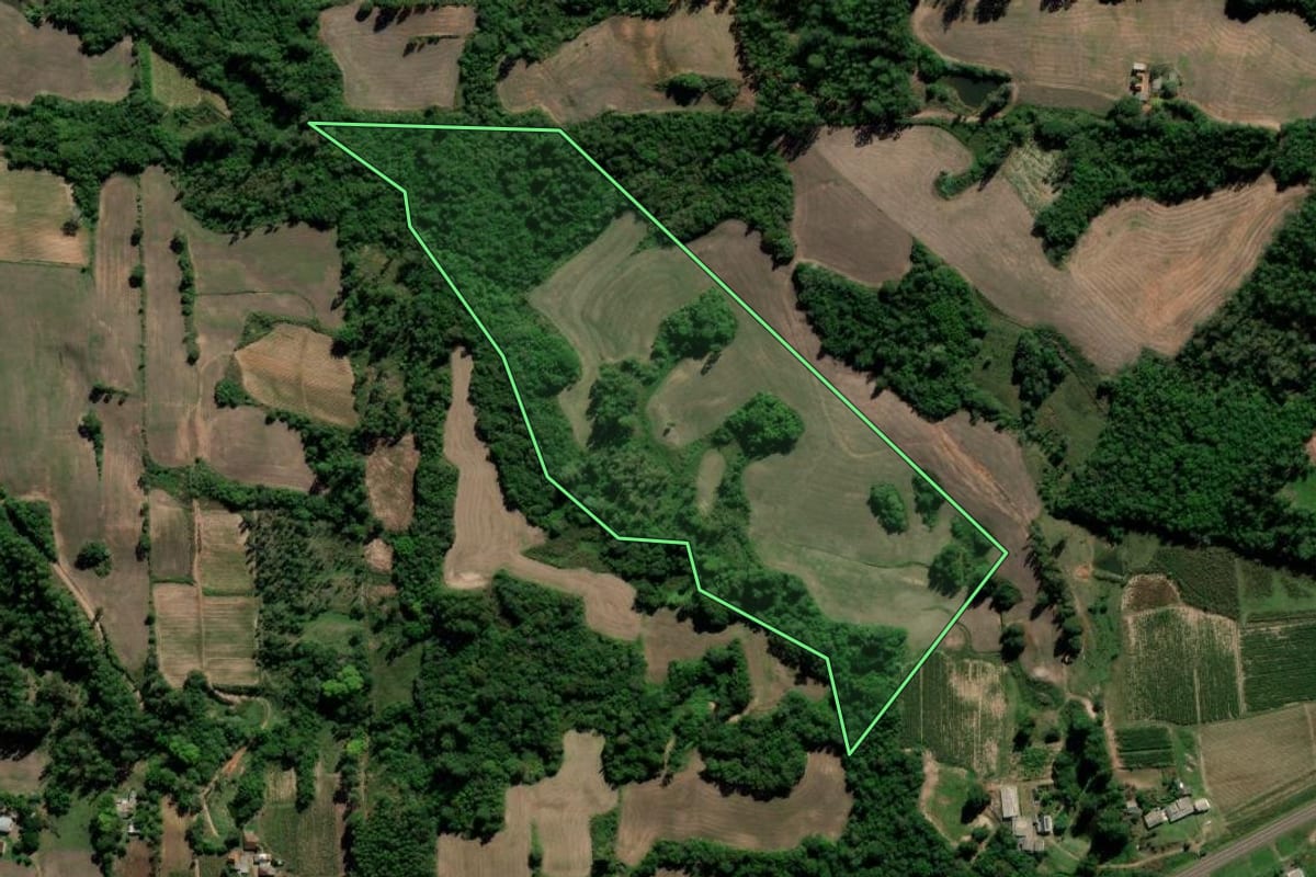 Imagem de satélite do imóvel rural em Novo Cabrais (RS), com o contorno declarado no CAR desenhado por cima.