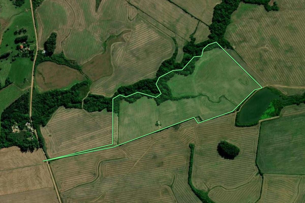 Imagem de satélite do imóvel rural em Novo Cabrais (RS), com o contorno declarado no CAR desenhado por cima.