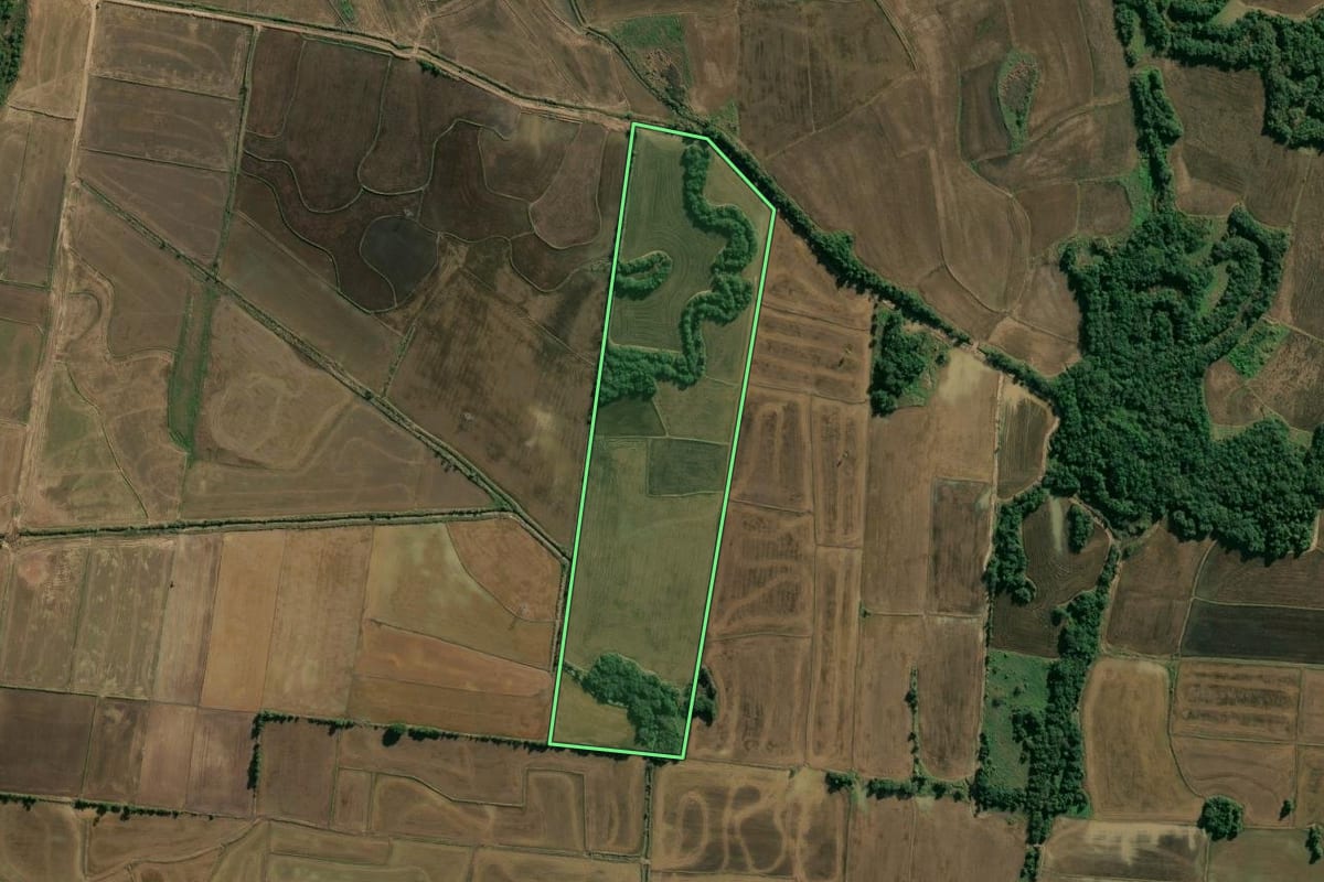 Imagem de satélite do imóvel rural em Novo Cabrais (RS), com o contorno declarado no CAR desenhado por cima.