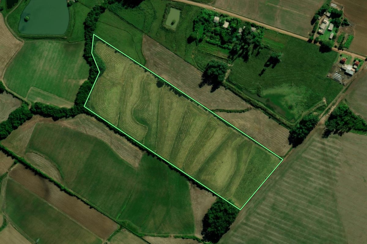 Imagem de satélite do imóvel rural em Novo Cabrais (RS), com o contorno declarado no CAR desenhado por cima.