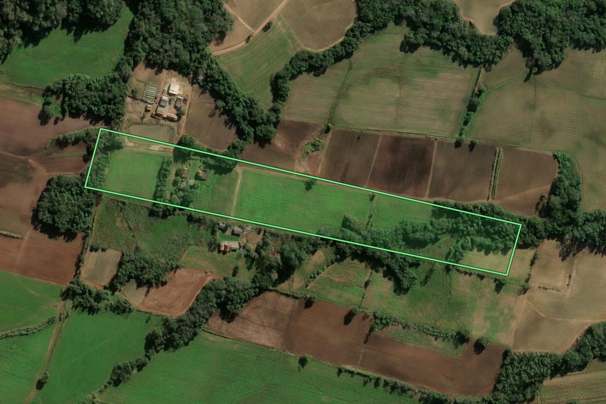 Imagem de satélite do imóvel rural em Novo Cabrais (RS), com o contorno declarado no CAR desenhado por cima.
