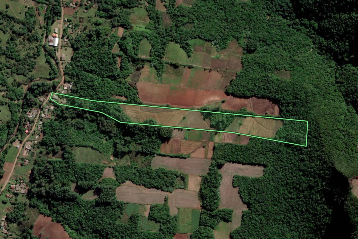 Imagem de satélite do imóvel rural em Novo Cabrais (RS), com o contorno declarado no CAR desenhado por cima.