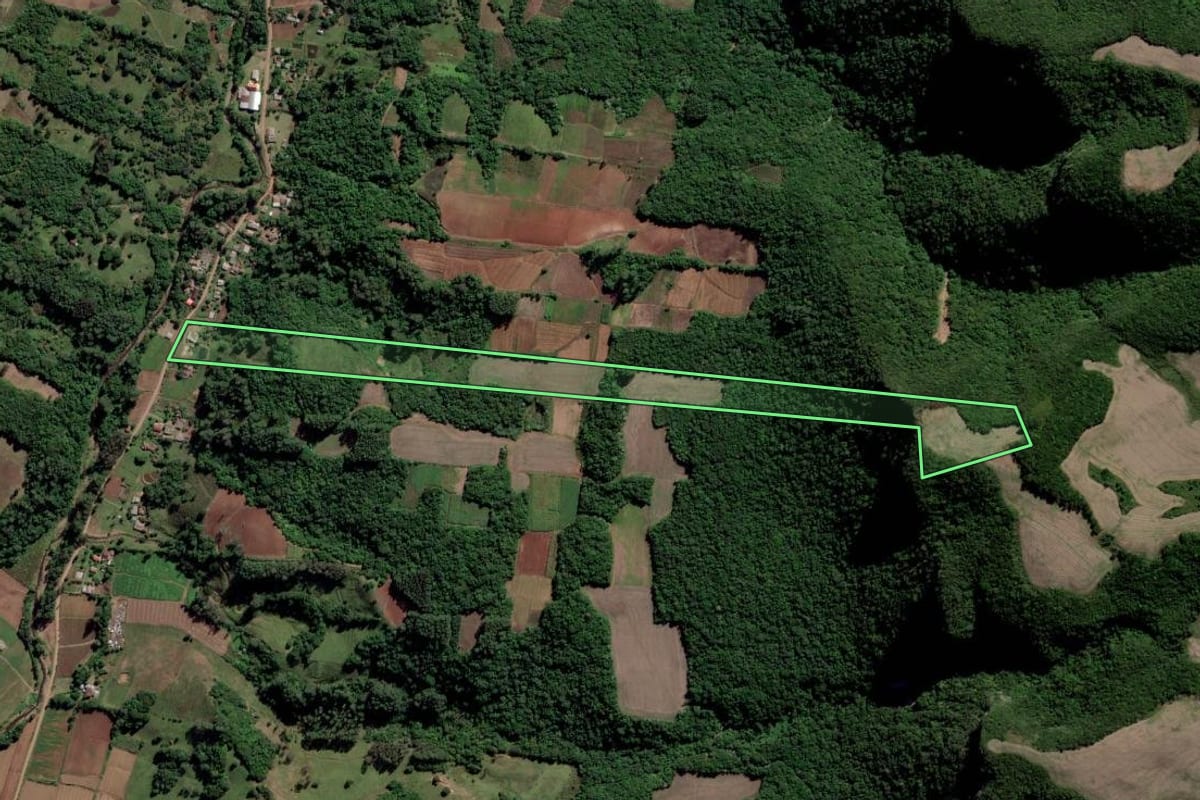 Imagem de satélite do imóvel rural em Novo Cabrais (RS), com o contorno declarado no CAR desenhado por cima.
