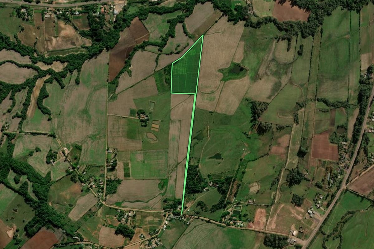 Imagem de satélite do imóvel rural em Novo Cabrais (RS), com o contorno declarado no CAR desenhado por cima.