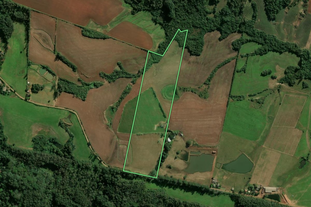 Imagem de satélite do imóvel rural em Novo Cabrais (RS), com o contorno declarado no CAR desenhado por cima.