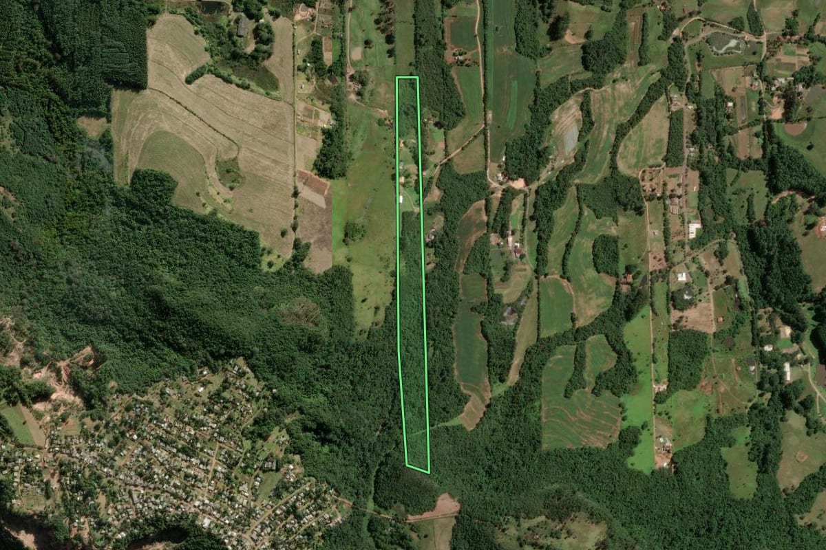 Imagem de satélite do imóvel rural em Novo Hamburgo (RS), com o contorno declarado no CAR desenhado por cima.