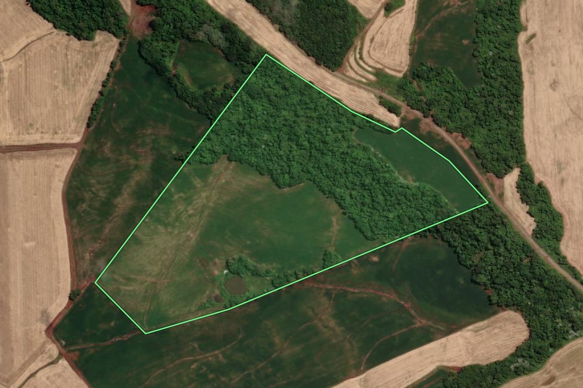 Imagem de satélite do imóvel rural em Novo Machado (RS), com o contorno declarado no CAR desenhado por cima.
