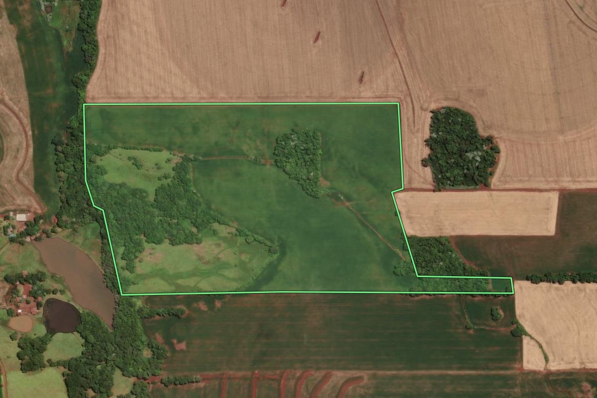 Imagem de satélite do imóvel rural em Novo Machado (RS), com o contorno declarado no CAR desenhado por cima.