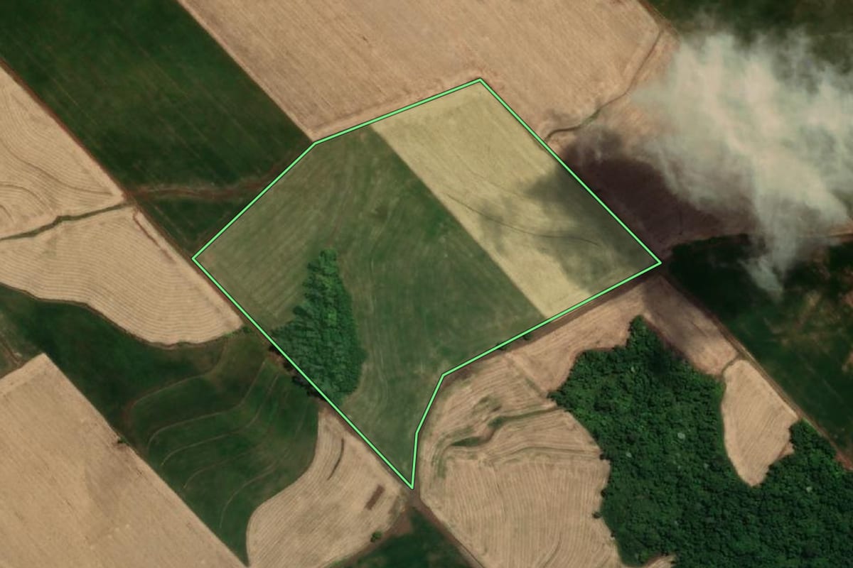 Imagem de satélite do imóvel rural em Novo Machado (RS), com o contorno declarado no CAR desenhado por cima.