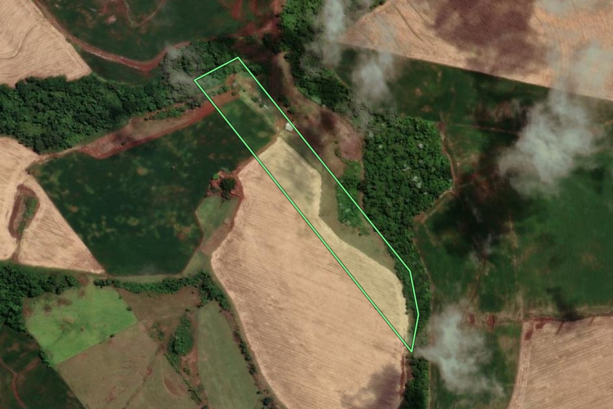 Imagem de satélite do imóvel rural em Novo Machado (RS), com o contorno declarado no CAR desenhado por cima.