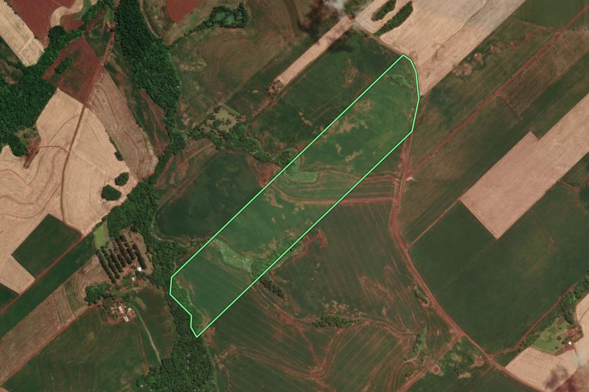 Imagem de satélite do imóvel rural em Novo Machado (RS), com o contorno declarado no CAR desenhado por cima.