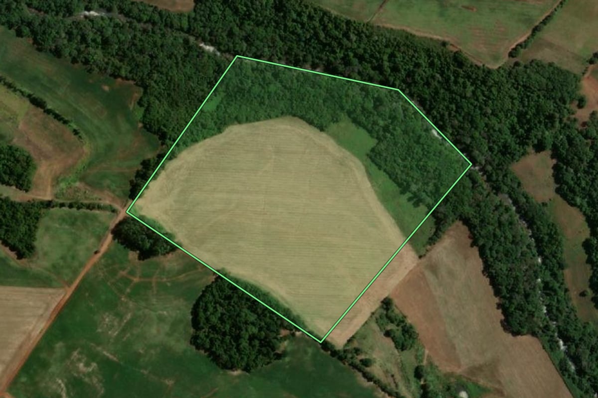Imagem de satélite do imóvel rural em Novo Machado (RS), com o contorno declarado no CAR desenhado por cima.