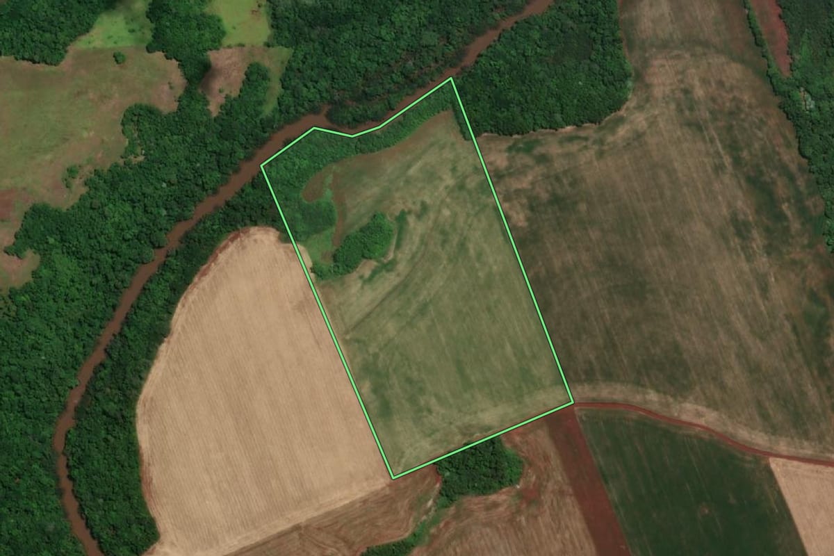 Imagem de satélite do imóvel rural em Novo Machado (RS), com o contorno declarado no CAR desenhado por cima.