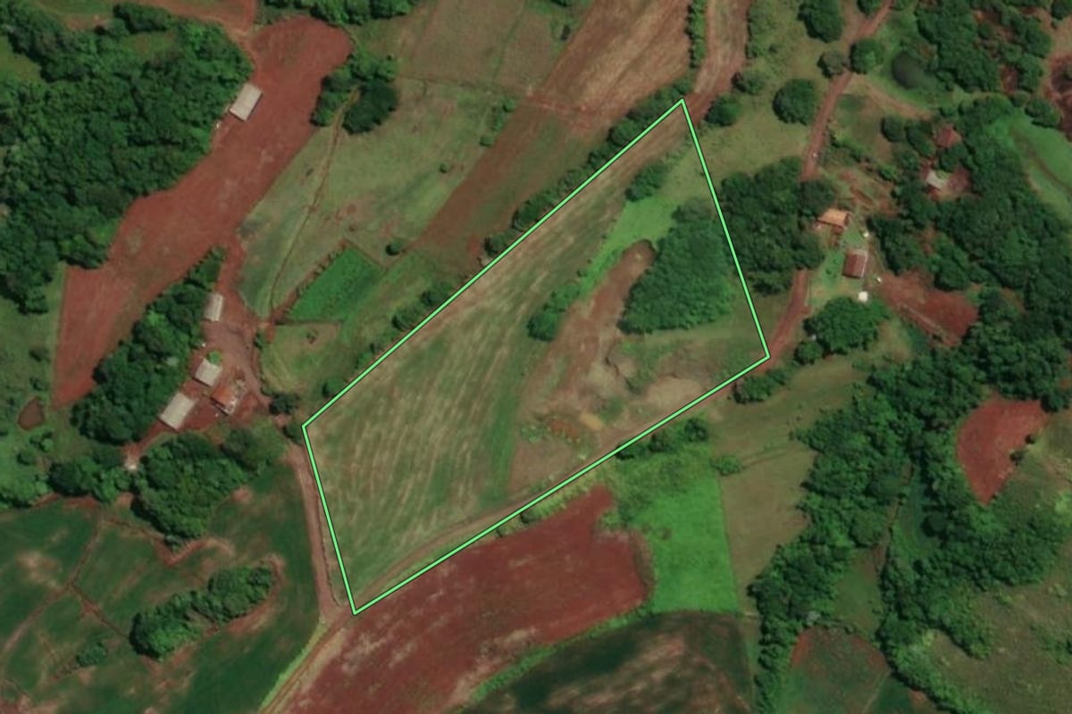 Imagem de satélite do imóvel rural em Novo Machado (RS), com o contorno declarado no CAR desenhado por cima.