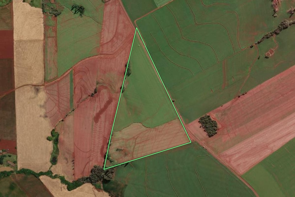 Imagem de satélite do imóvel rural em Novo Machado (RS), com o contorno declarado no CAR desenhado por cima.