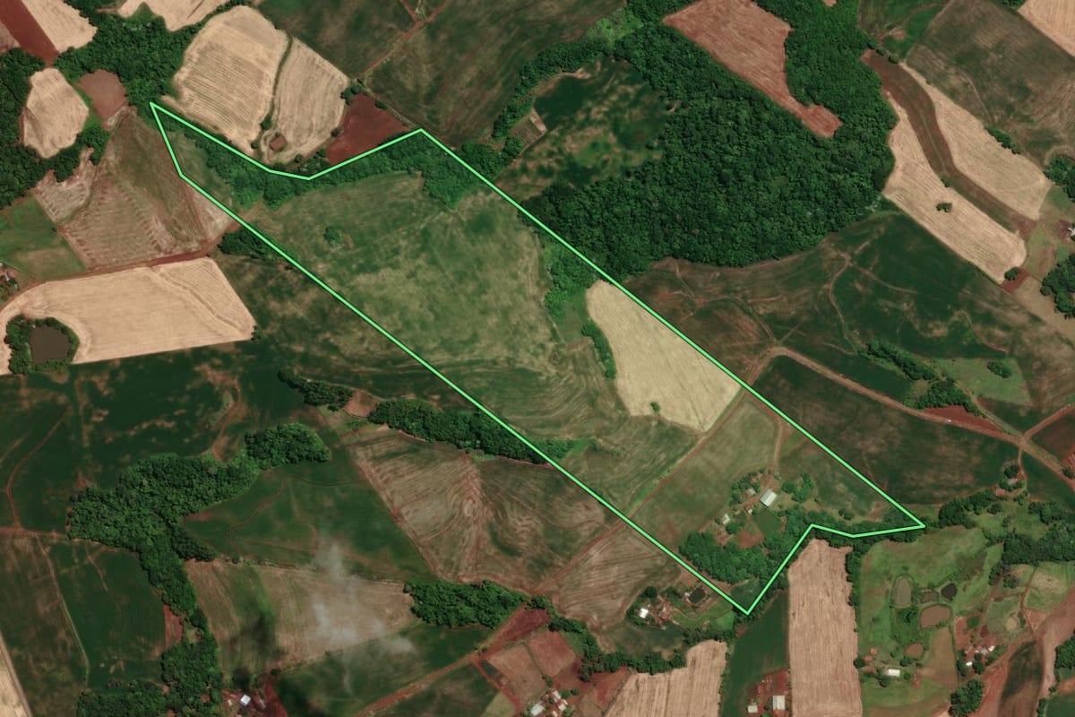 Imagem de satélite do imóvel rural em Novo Machado (RS), com o contorno declarado no CAR desenhado por cima.