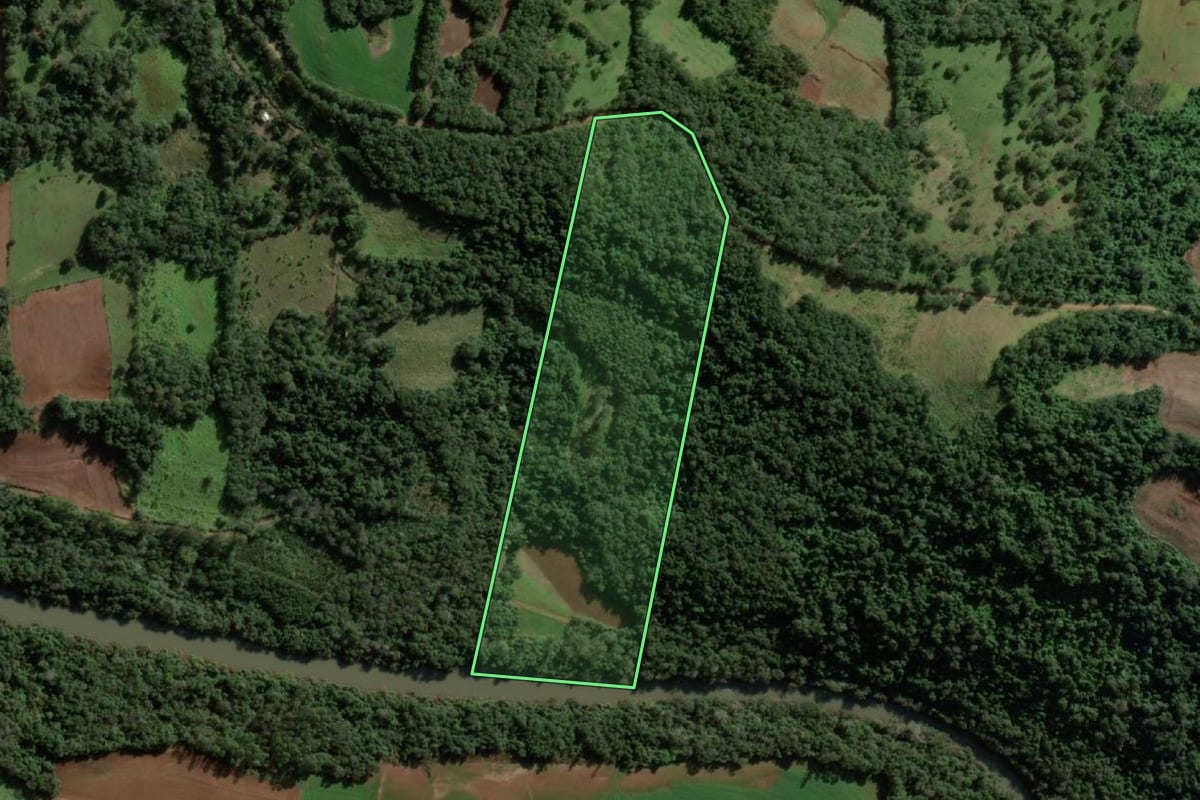 Imagem de satélite do imóvel rural em Novo Machado (RS), com o contorno declarado no CAR desenhado por cima.