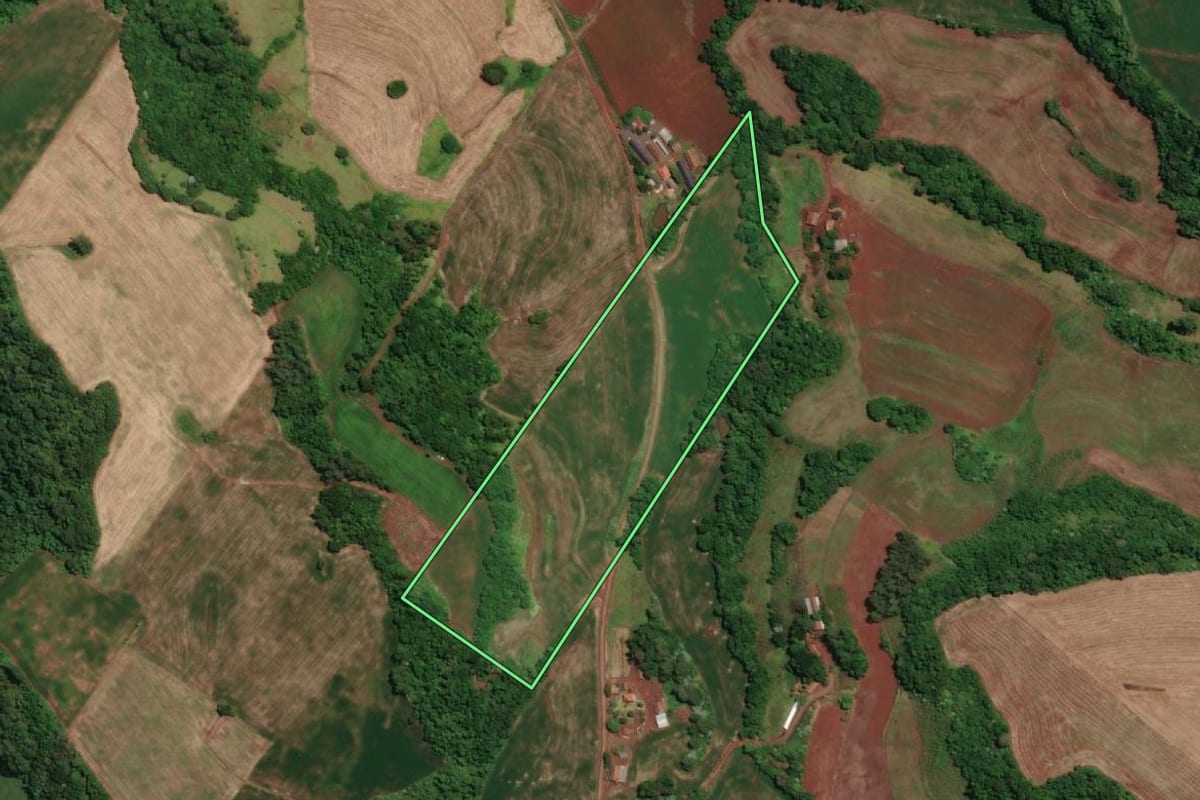 Imagem de satélite do imóvel rural em Novo Machado (RS), com o contorno declarado no CAR desenhado por cima.